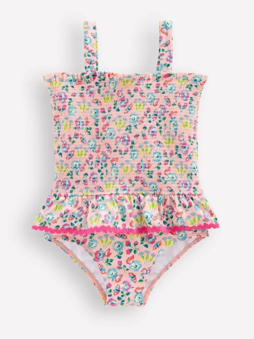 Mini Boden Peplum Smocked Swimsuit Chalk Pink Butterfly Floral 7-8Y
